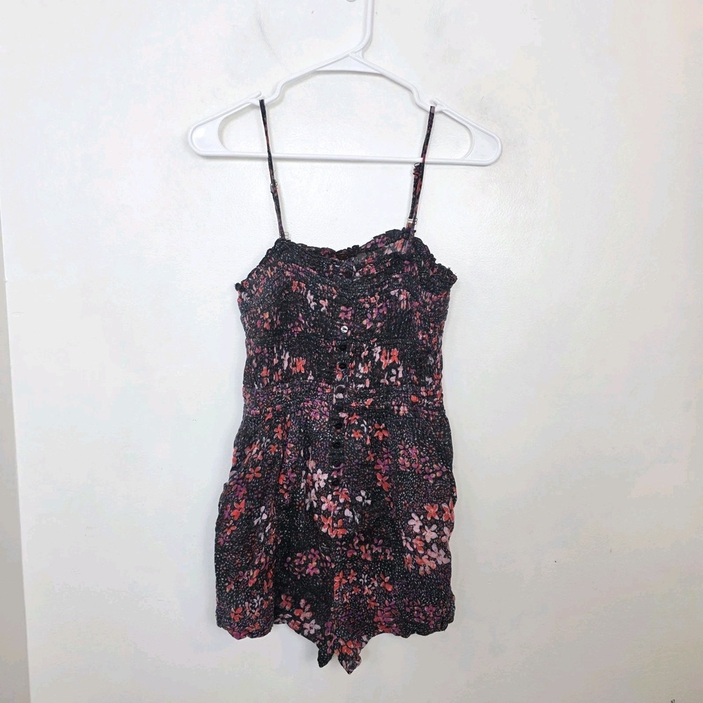 Free People FP One Sammi Black Multicolor Gauzy Romper Smocked Floral Sz S Boho
